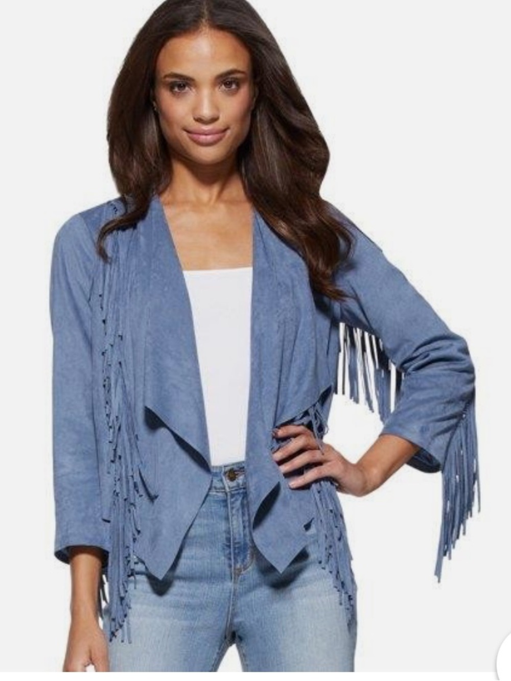 Women's Blue Fringe Open-Front Jacket